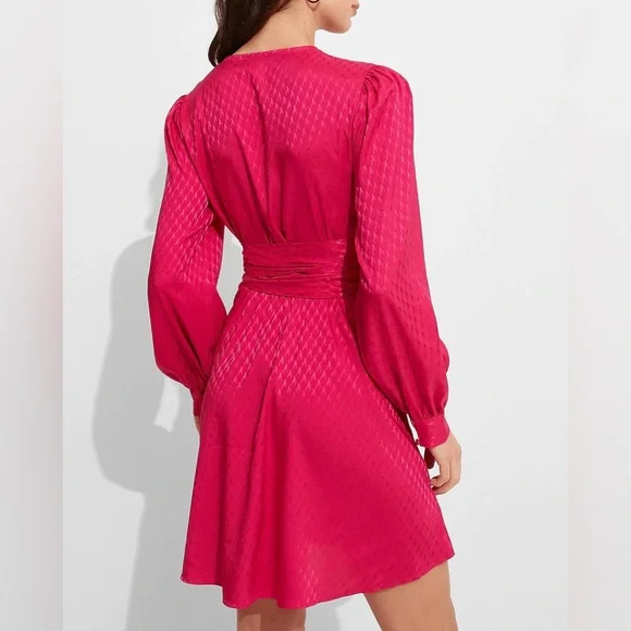 Express Jacquard Satin Tie Waist Long Sleeve Mini Dress - Picture 3 of 8